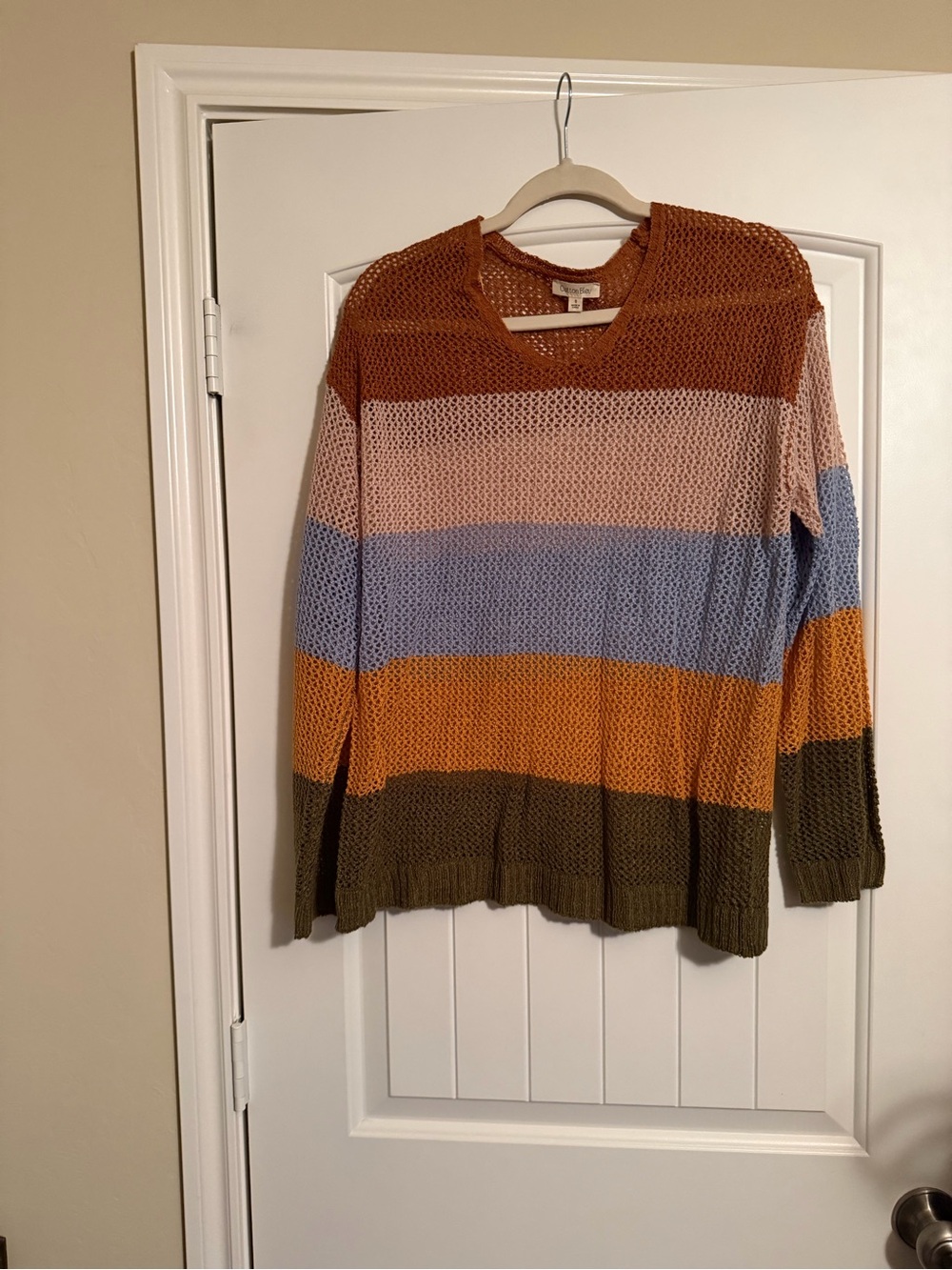 Cotton Bleu Color Block Open Knit Sweater Small Rust Blue Mustard Olive